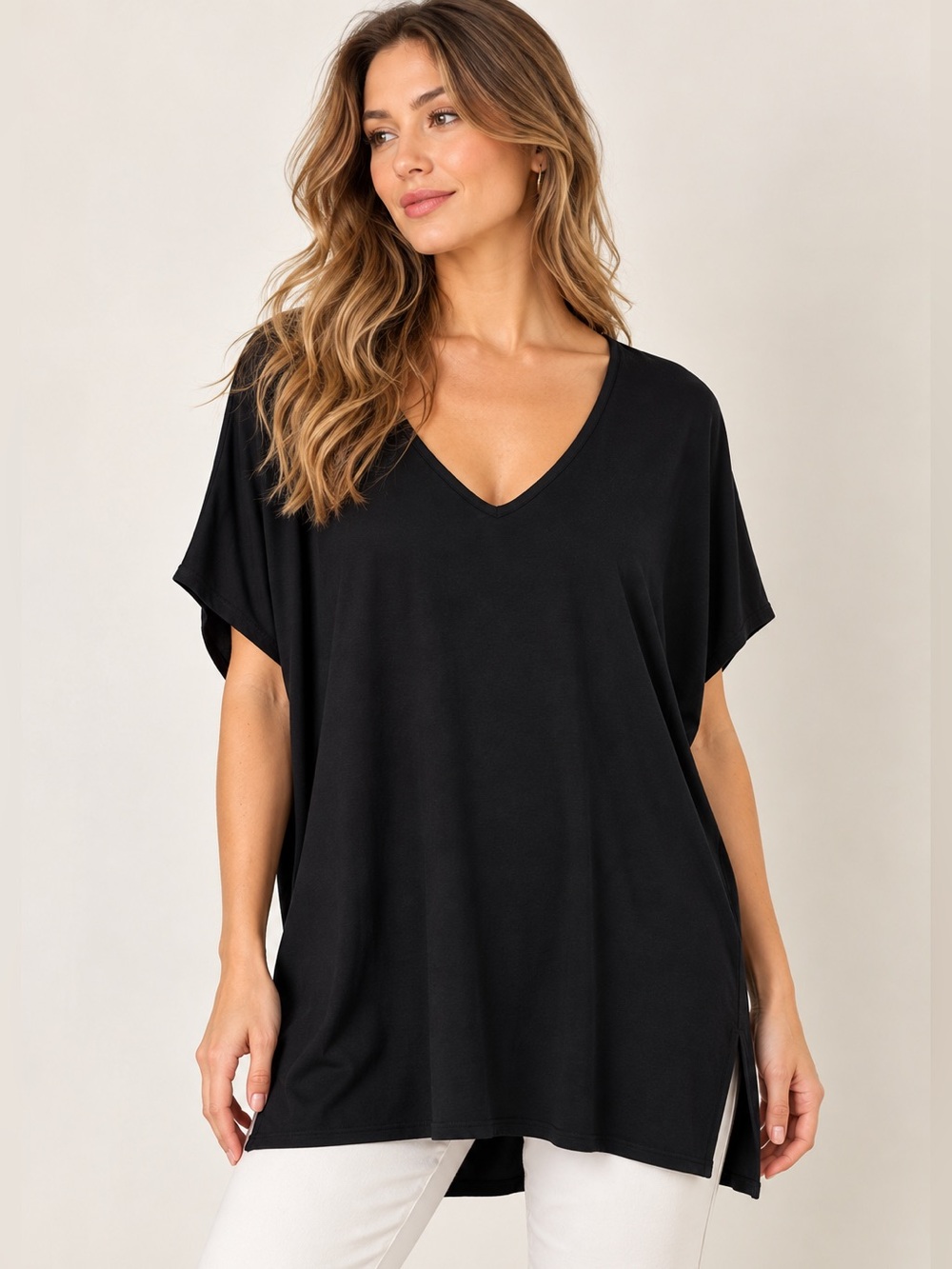 Daily Ritual Black Oversized V-Neck Tunic Top XL Dolman Short Sleeve